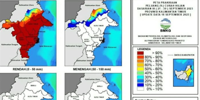 Kalimantan Timur mempunyai peluang hujan sebesar 90% pada bulan September.
