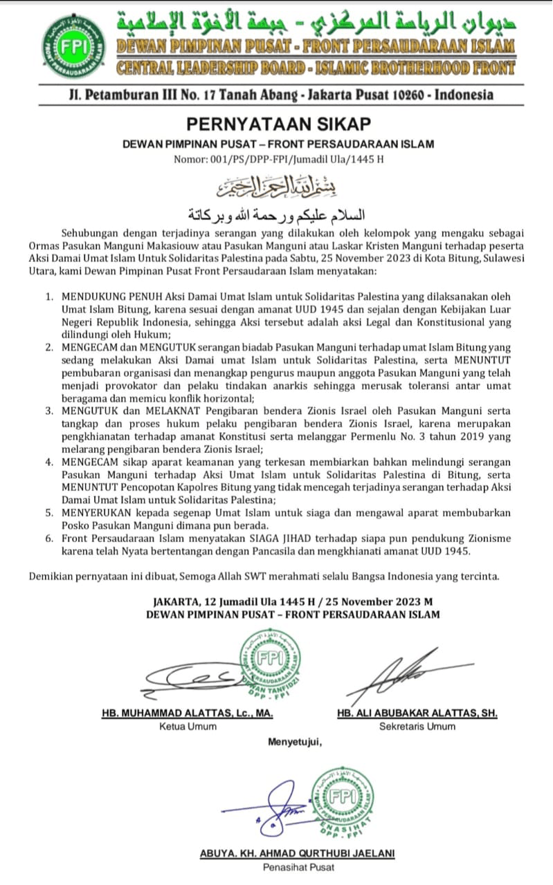 Surat Pernyataan Sikap dari Front Persaudaraan Islam.