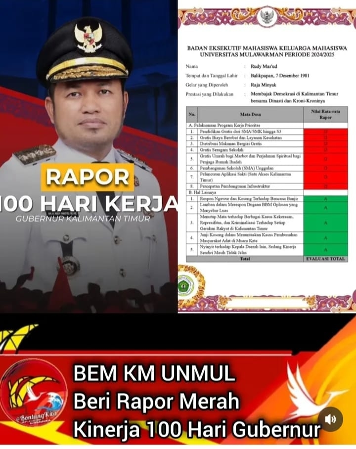BEM KM Unmul Beri Rapor Merah untuk Gubernur Kaltim, Kinerja 100 Hari Disorot Kritis
